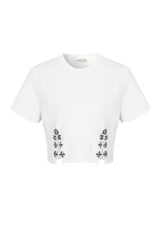 WHITE CRYSTAL CROPPED T-SHIRT